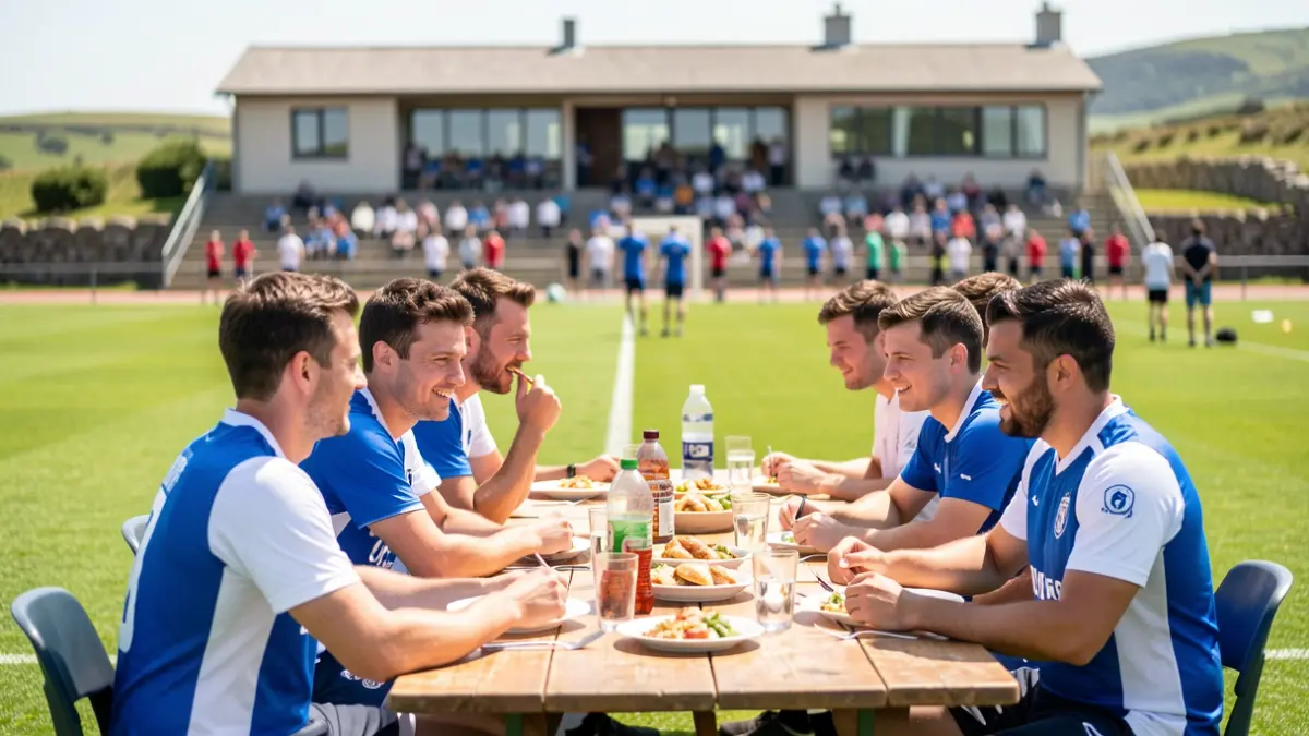 Imaxe xenérica de xogadores de fútbol nunha comida ao aire libre nunhas instalacións deportivas.