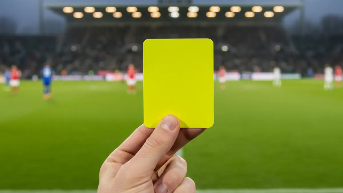 Imaxe xenérica dunha tarxeta amarela mostrada por un árbitro nun partido de fútbol.