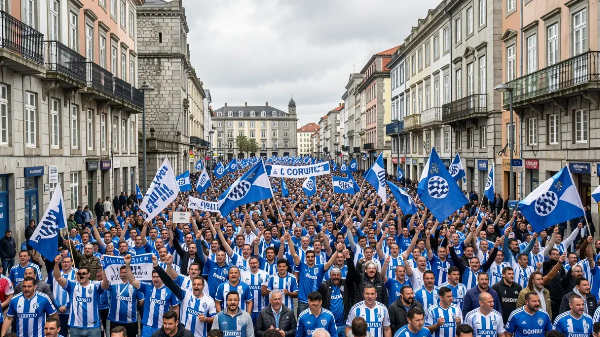 Multitud de aficionados del Deportivo, vestidos de blanco y azul, llenando las calles de A Coruña con banderas y pancartas, celebrando el ascenso de su equipo.