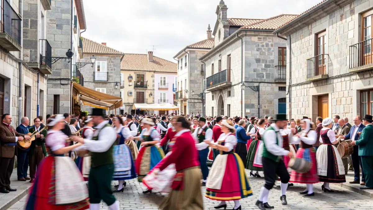 Imaxe dunha rúa de Galicia durante un festival de música e baile tradicional, con xente bailando e músicos.