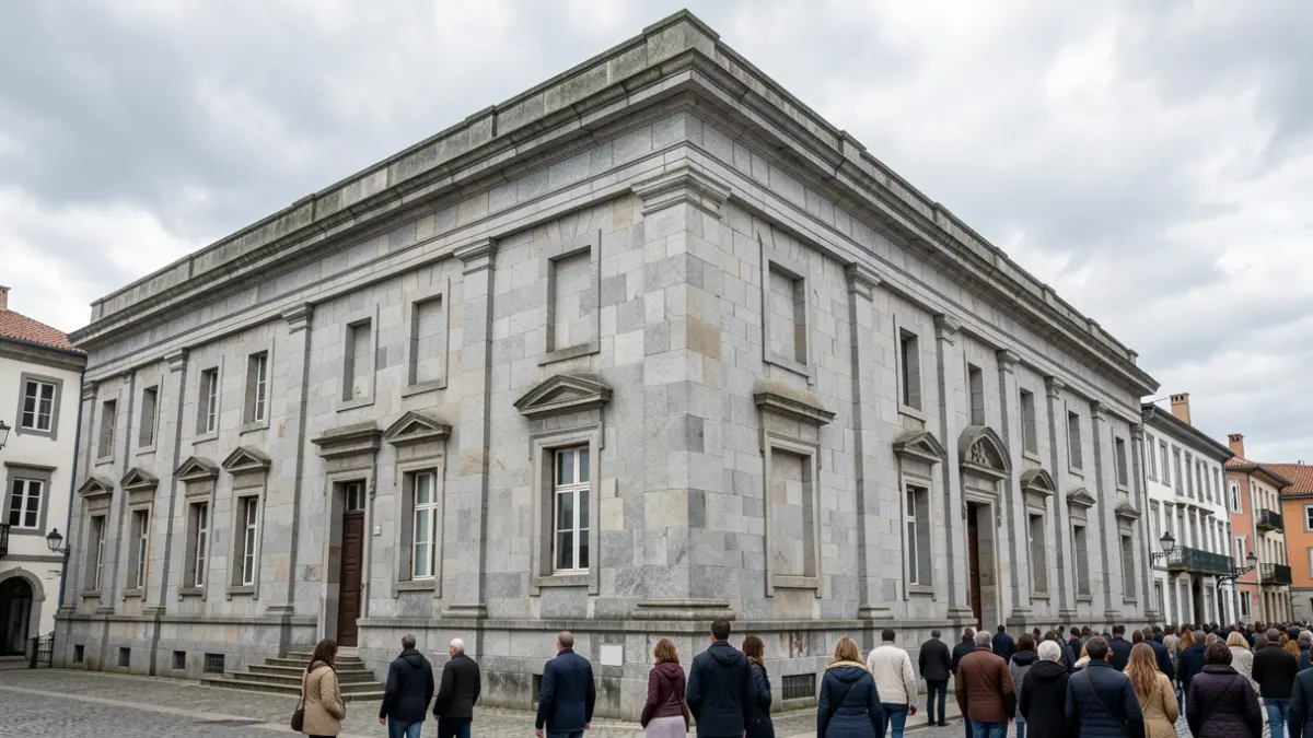 Imagen genérica de un edificio de museo cerrado con fachada de piedra gallega bajo un cielo nublado.