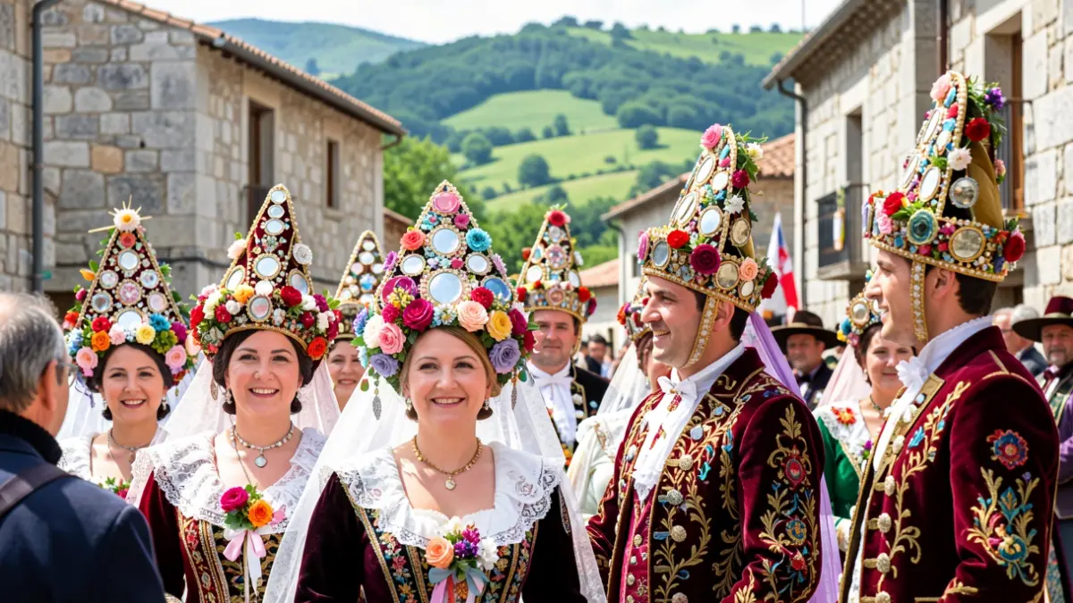 Imagen genérica de Madamas y Galanes del Entroido de Cobres con sombreros ornamentados.