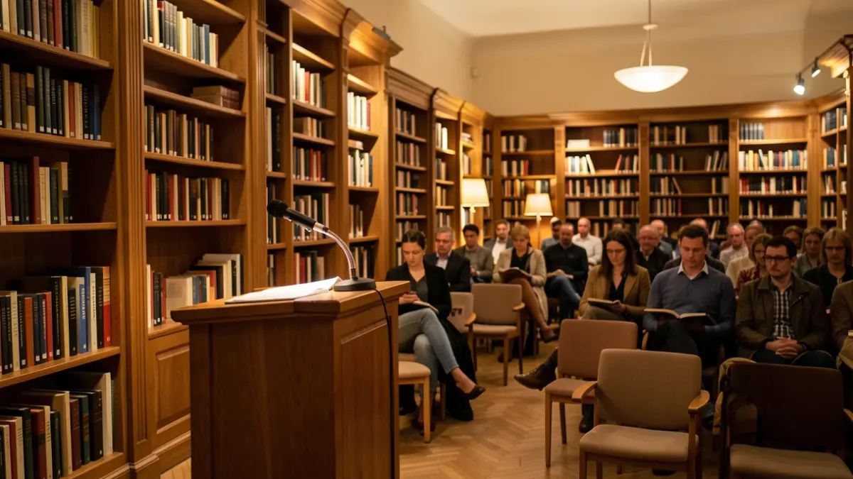 Imagen de una sala de conferencias preparada para un encuentro literario.