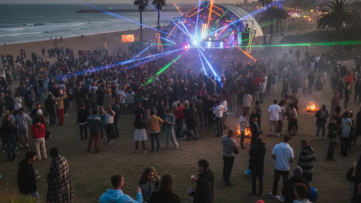 Imaxe dun festival de música electrónica ao anoitecer nun parque preto dunha praia.
