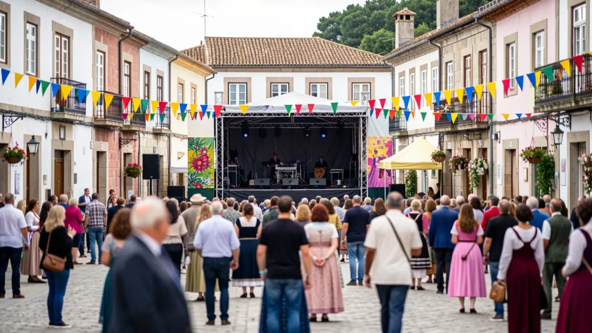Imagen genérica de un festival al aire libre en un pueblo gallego con escenario y público.