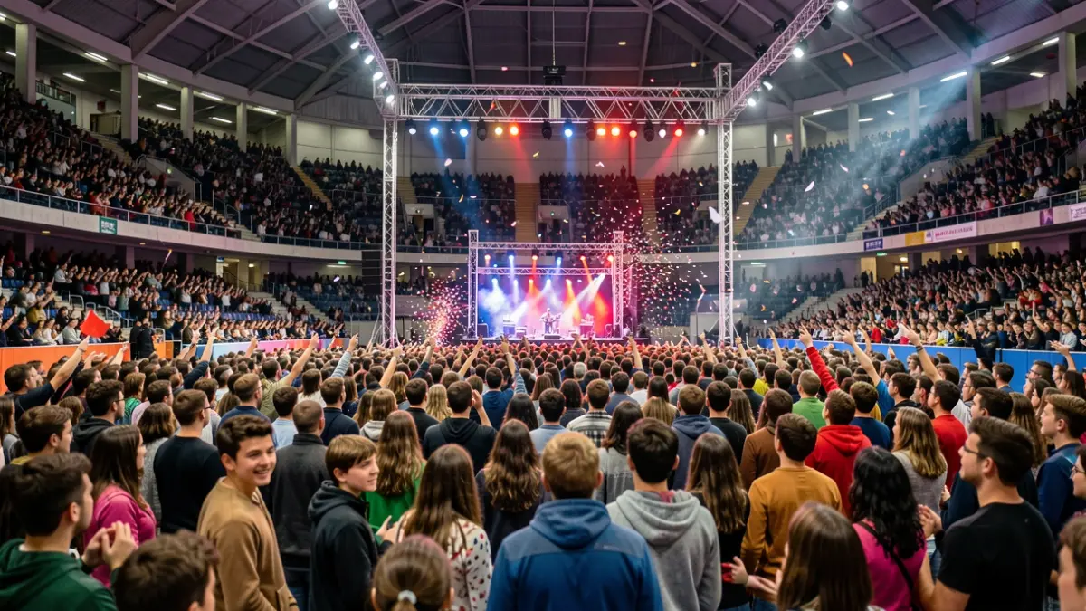 Imaxe xenérica dunha gran sala de concertos con moita xente nova e un escenario.