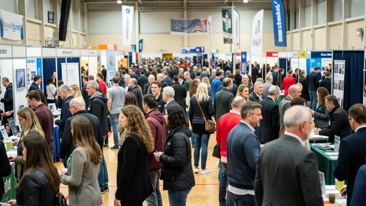 Imagen genérica de una feria de empleo con mucha gente y puestos.