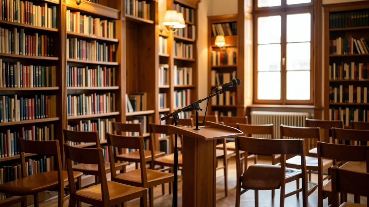 Imaxe xenérica dunha sala de conferencias con micrófono e estanterías de libros.