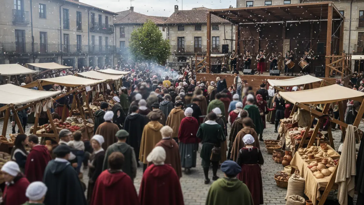 Imaxe dunha recreación histórica nunha praza galega, con xente vestida de época e postos de mercado.