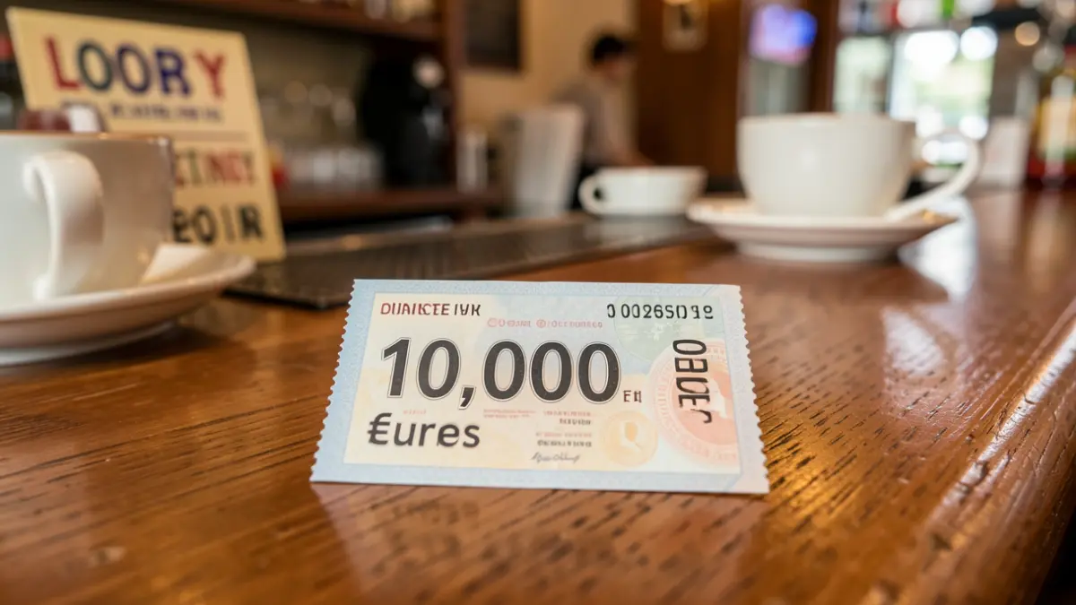 Primeiro plano dun boleto de lotaría premiado cun importe de 10.000 euros sobre un mostrador de madeira.