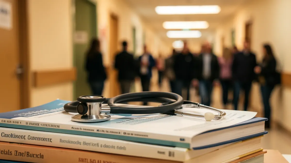 Imagen genérica de un estetoscopio sobre libros de medicina, con un pasillo hospitalario desenfocado al fondo.