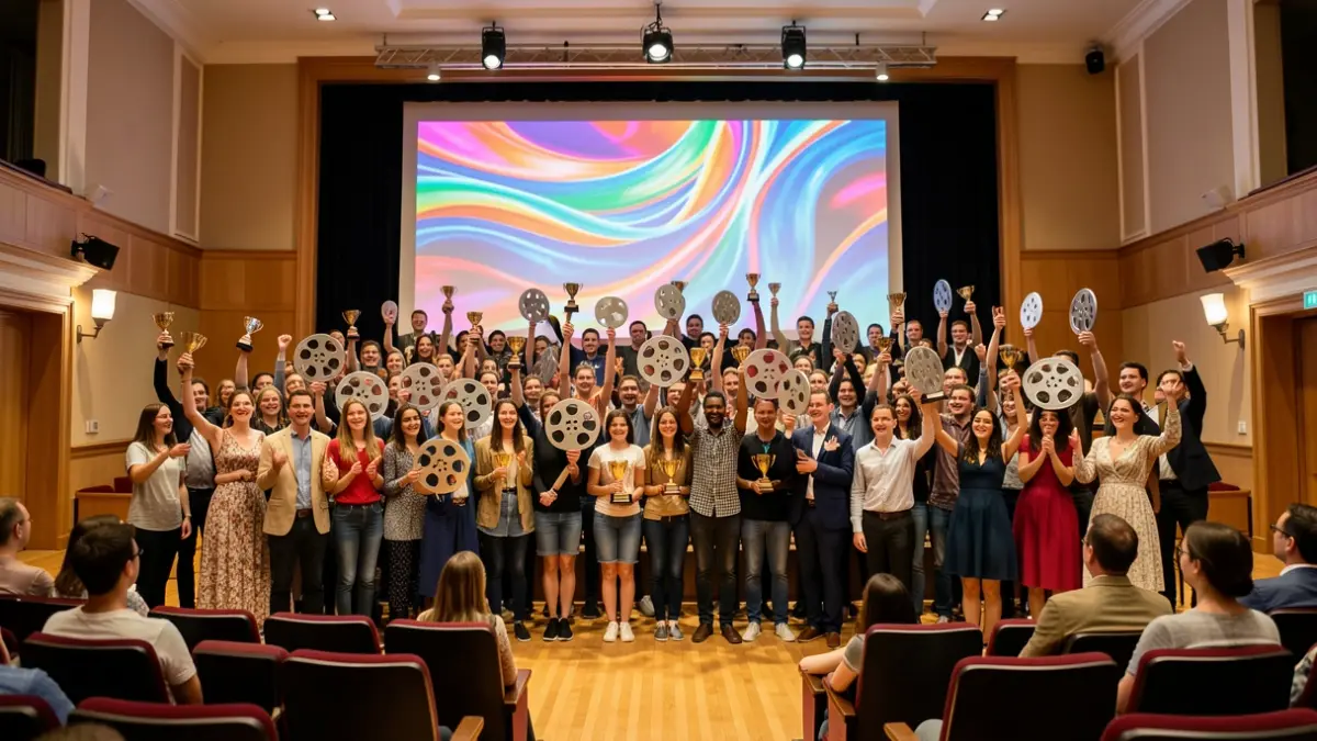 Imaxe xenérica de estudantes e profesores celebrando un festival de cine con premios.