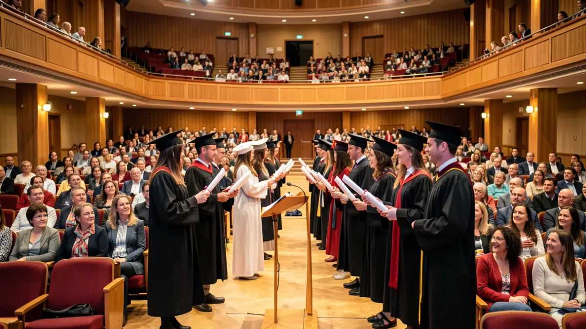 Imaxe dunha cerimonia de graduación no Auditorio de Ourense con estudantes, familias e profesores.