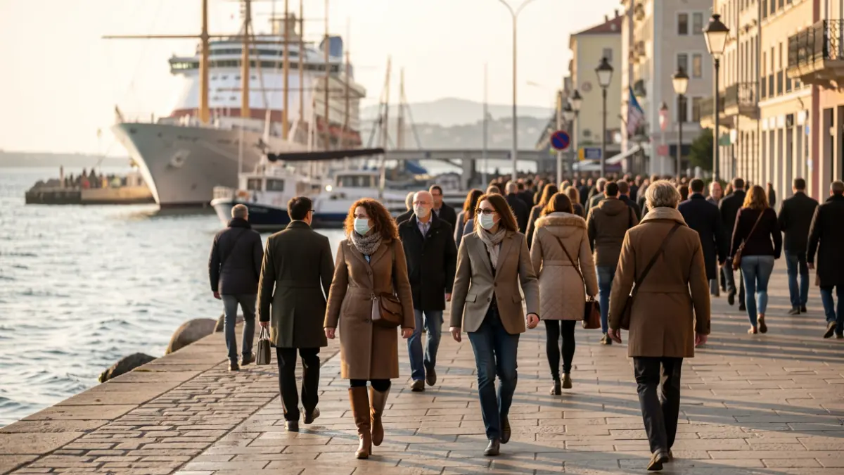 Imaxe de turistas paseando pola zona portuaria da Coruña.