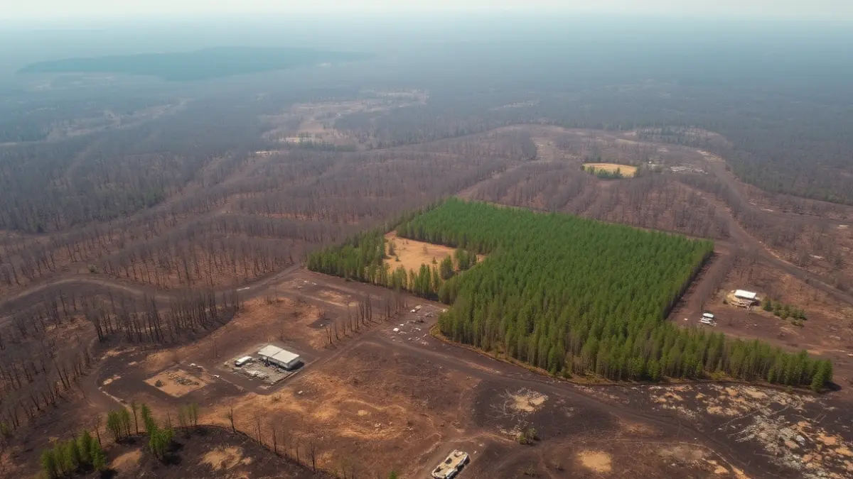 Imaxe aérea dunha vasta área forestal queimada tras un incendio.