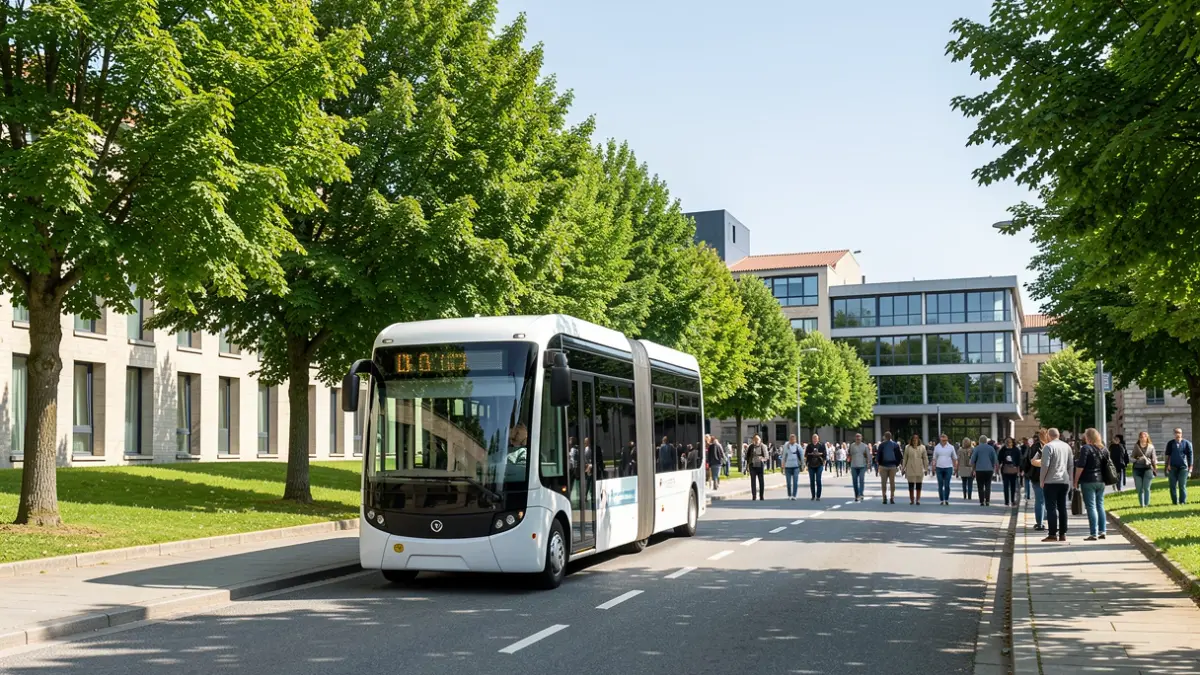 Imagen genérica de un autobús lanzadera autónomo eléctrico en un campus universitario gallego.