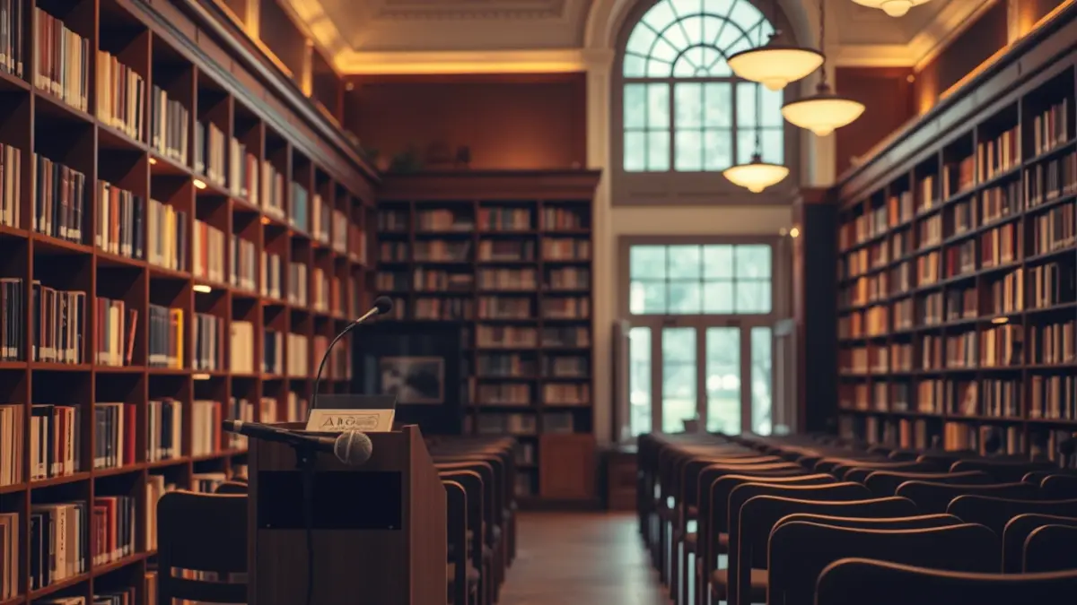 Imaxe xenérica dunha sala de presentacións ou biblioteca, con estantes de libros e un micrófono.