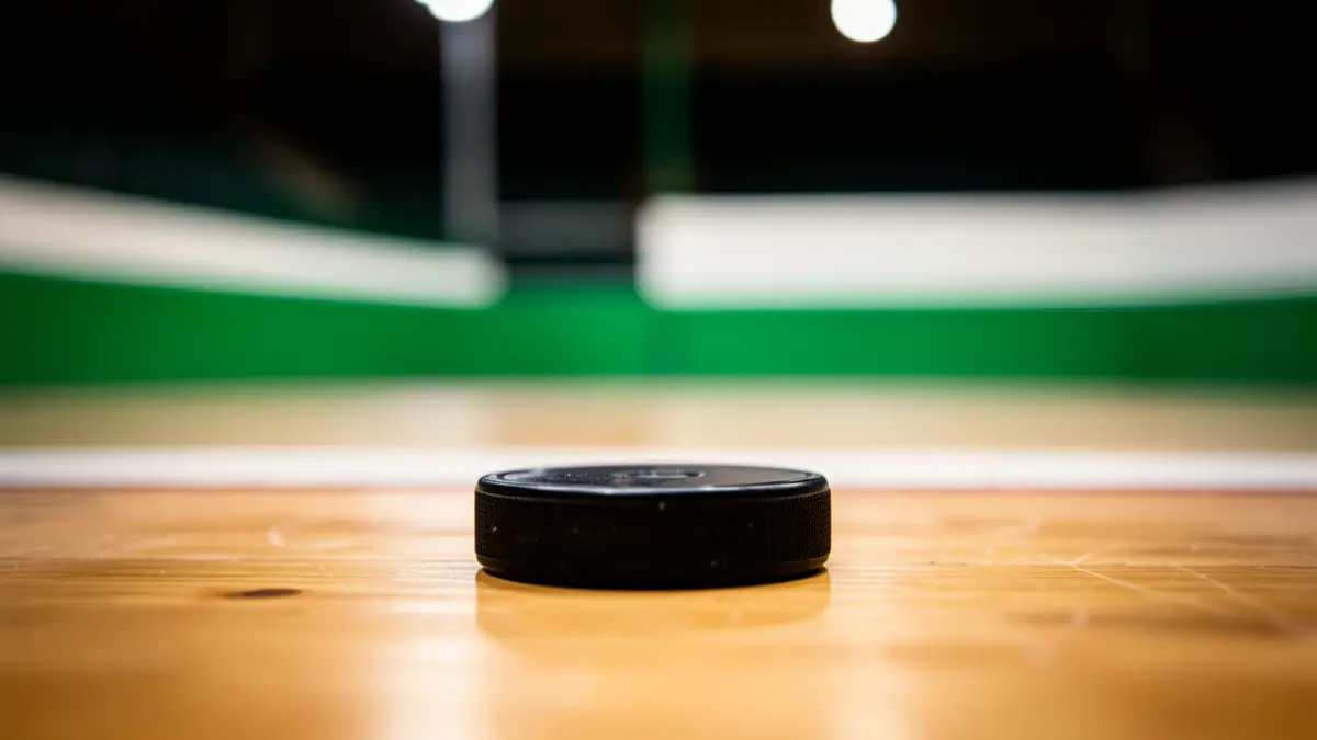 Primeiro plano dun disco de hóckey sobre patíns nunha pista deportiva.