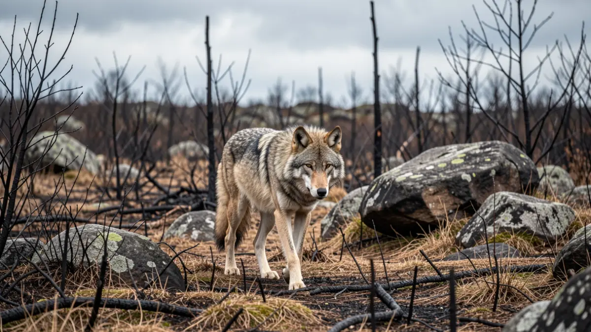 Imaxe dun lobo ibérico nunha paisaxe forestal queimada en Galicia.