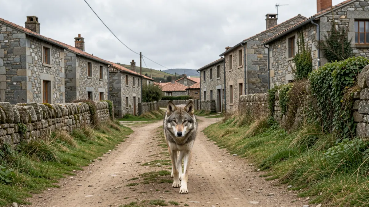 Imaxe dun lobo camiñando por un camiño preto dunha aldea galega.