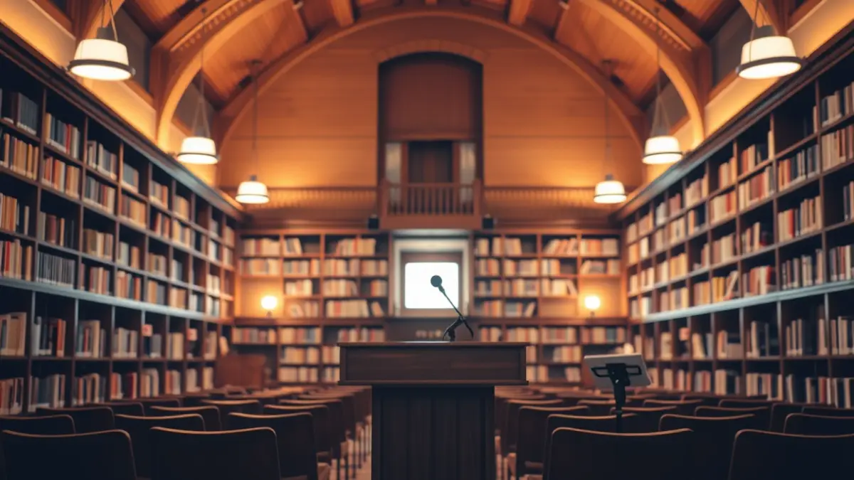 Imagen genérica de una sala de exposiciones o biblioteca, con iluminación cálida y sillas vacías.