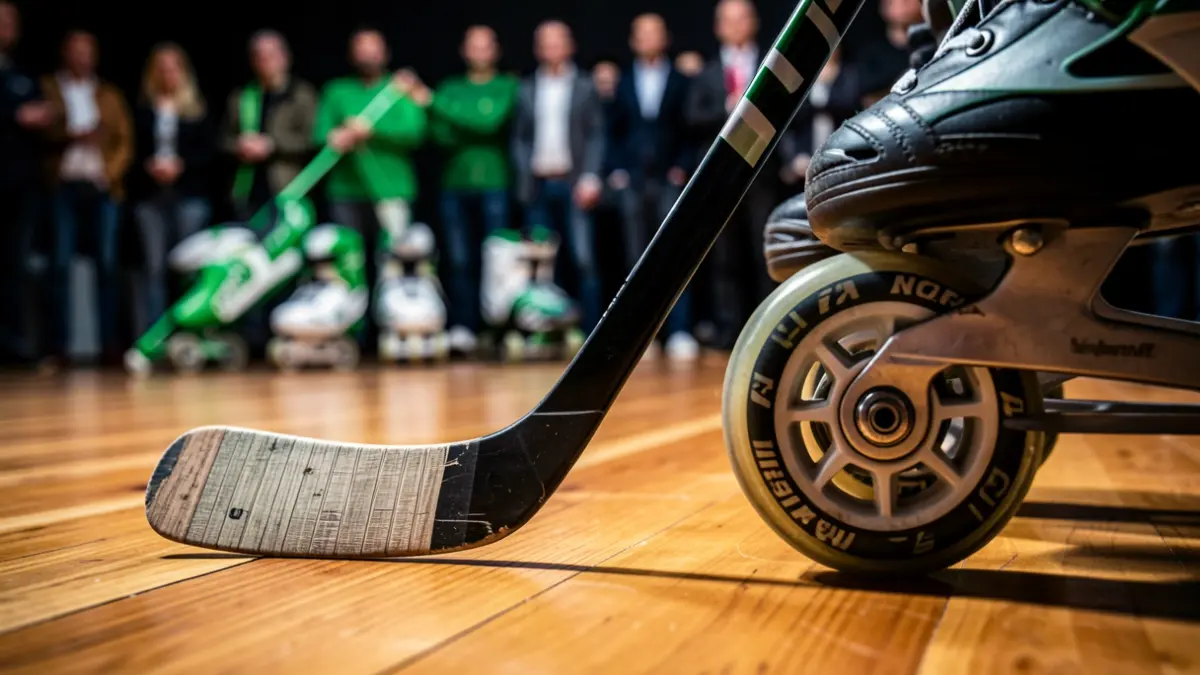 Primeira plana dun stick de hóckey e unha roda de patín sobre madeira pulida.