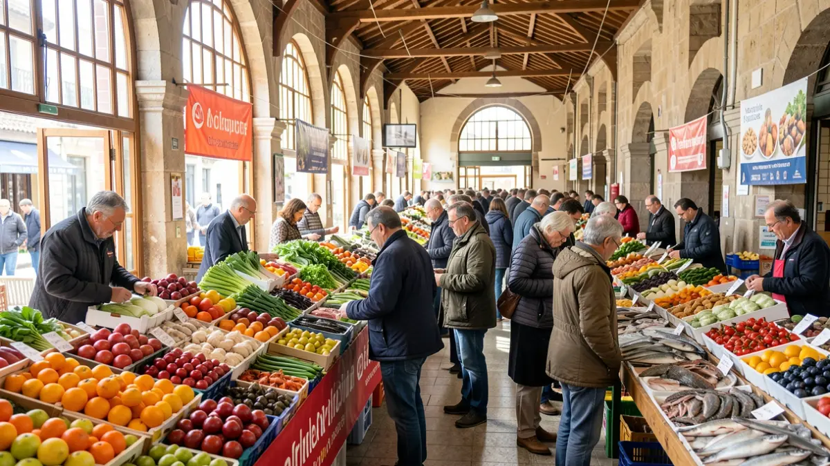 Imaxe xenérica dun mercado galego con postos de produtos frescos e ambiente animado.