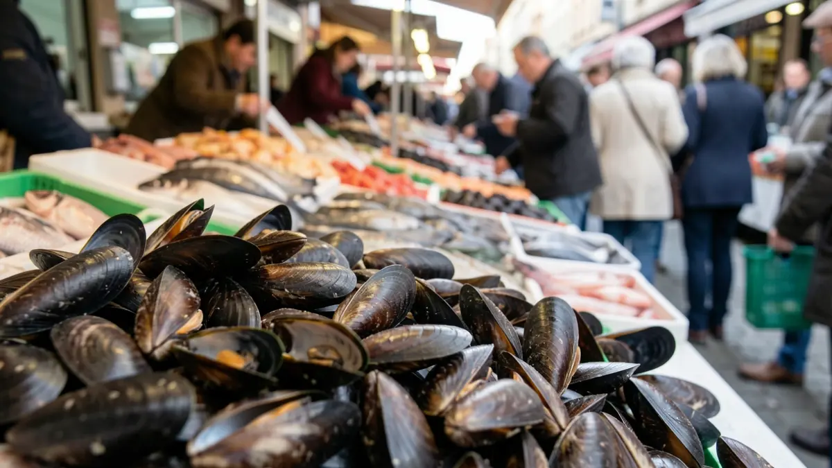 Imagen genérica de mejillones frescos en un puesto del mercado.