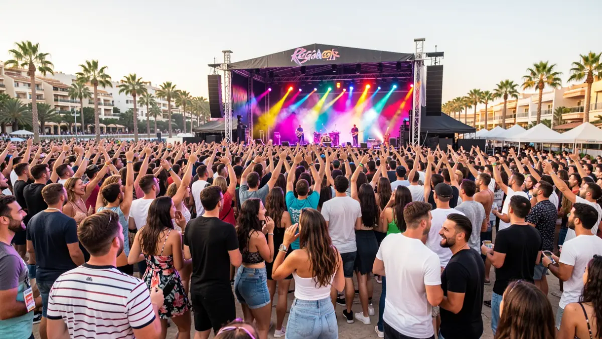 Imagen genérica de una fiesta de reguetón con gente bailando y luces de colores.