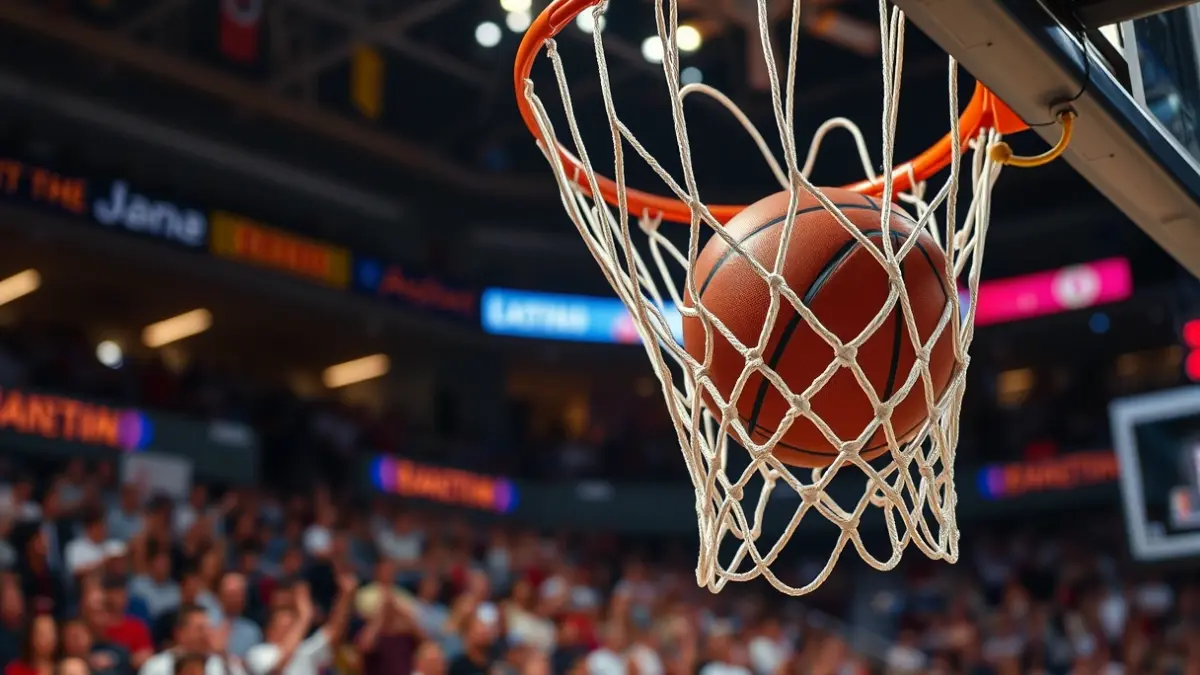 Imagen genérica de una canasta de baloncesto con el balón pasando por la red, celebrando un ascenso.
