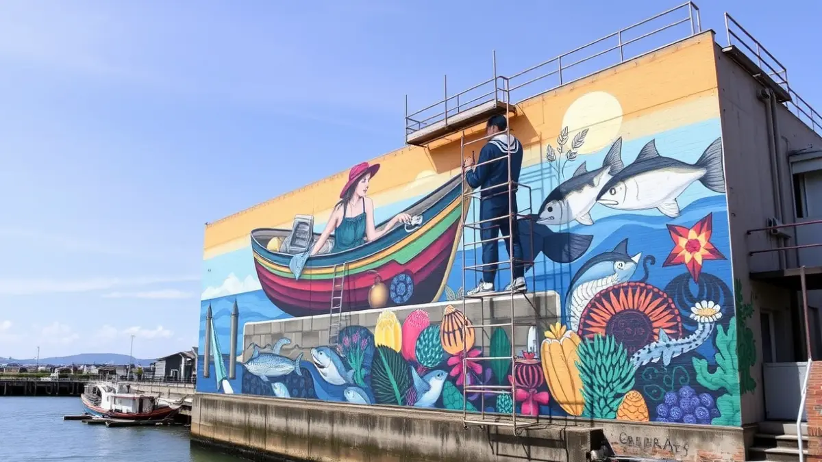Mural de gran formato en un espigón costero, representando la tradición marinera.