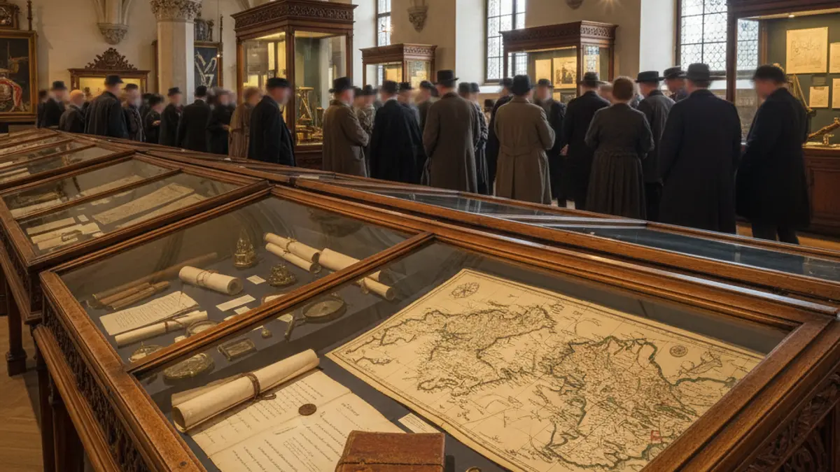 Imagen genérica del interior de un museo naval con documentos y objetos históricos.