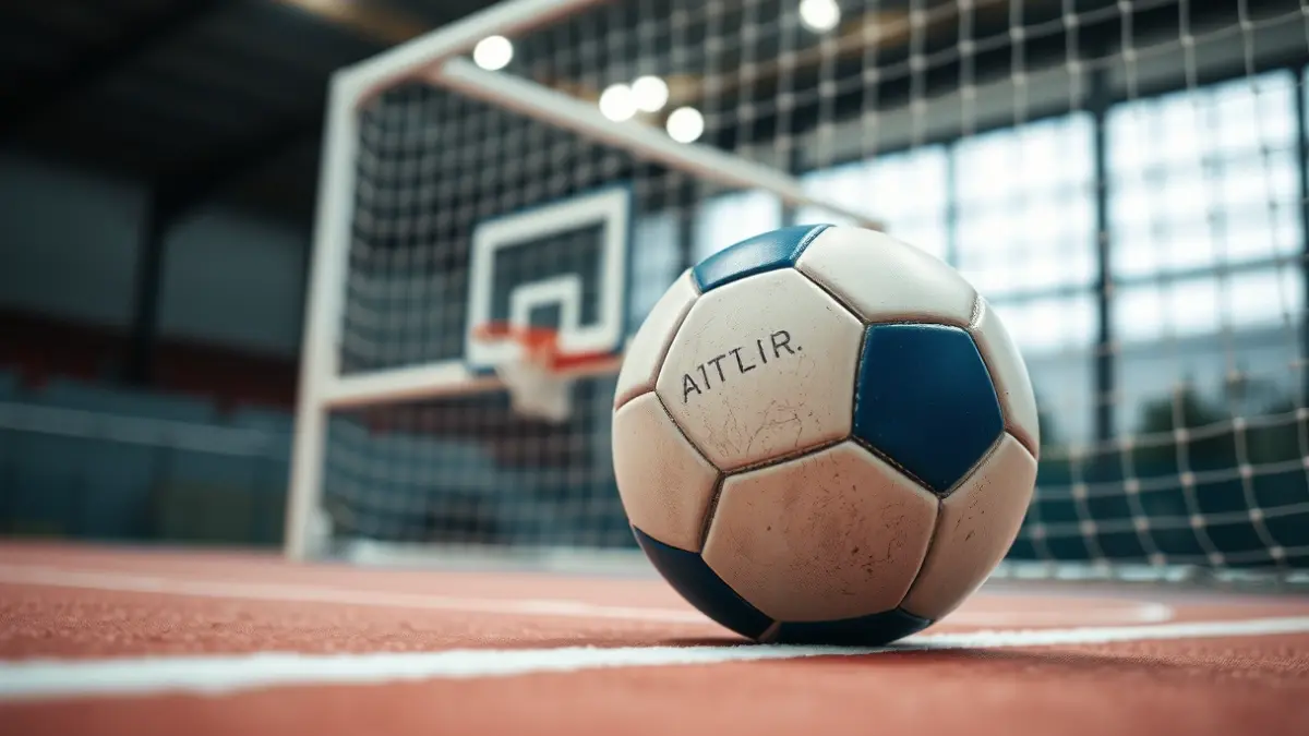 Imaxe xenérica dun balón de balonmán nunha cancha.