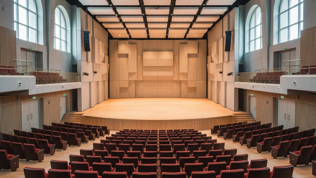 Imagen genérica del interior de un auditorio moderno con asientos rojos.
