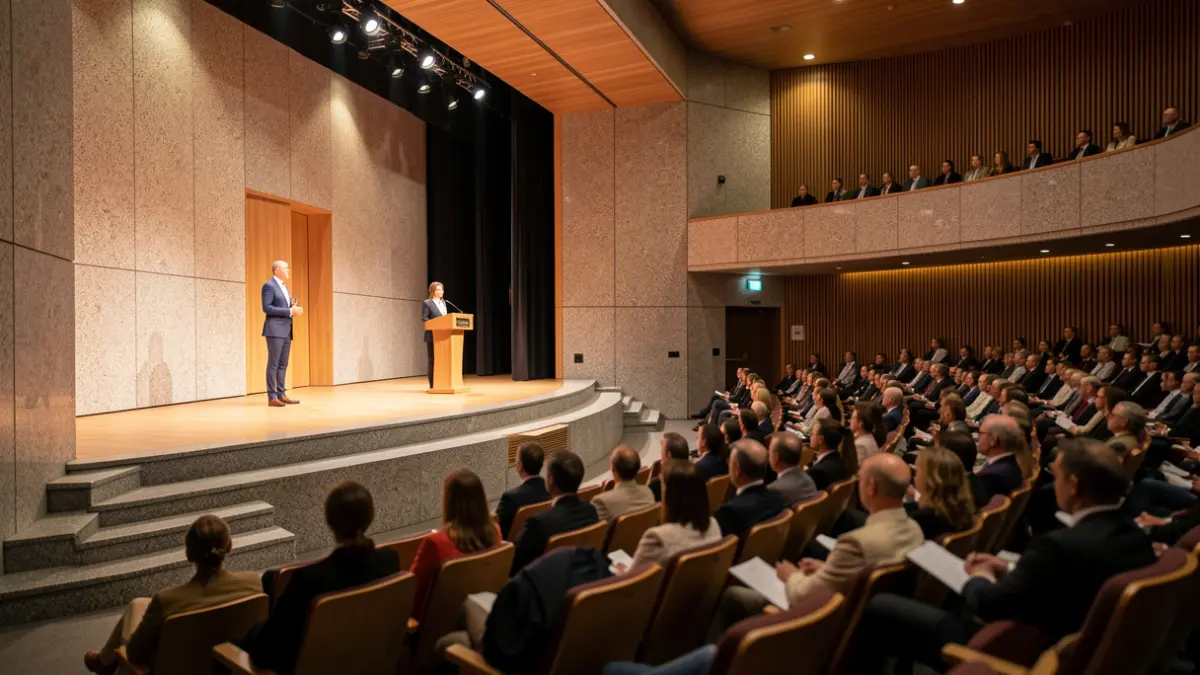 Imaxe xenérica dun auditorio moderno en Galicia preparado para unha cerimonia de premios.