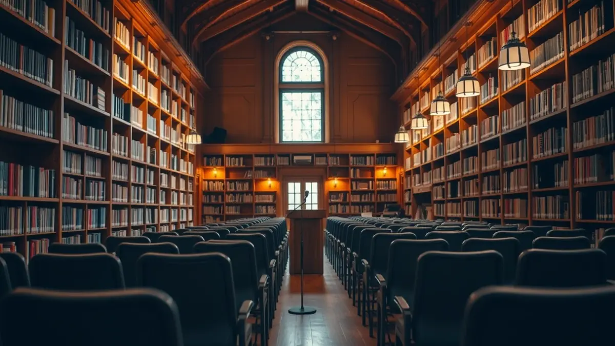 Imaxe xenérica dunha sala de presentacións ou biblioteca, con micrófono e cadeiras baleiras.