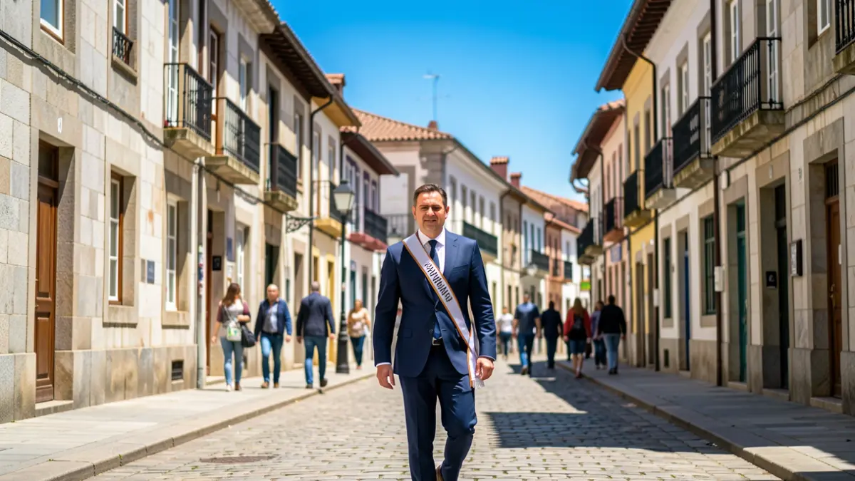 Imagen de un hombre con una banda de certamen de belleza caminando por una calle de Ourense con arquitectura de granito.