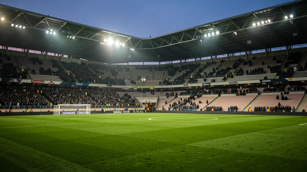Imagen genérica de un estadio de fútbol vacío con las luces encendidas.