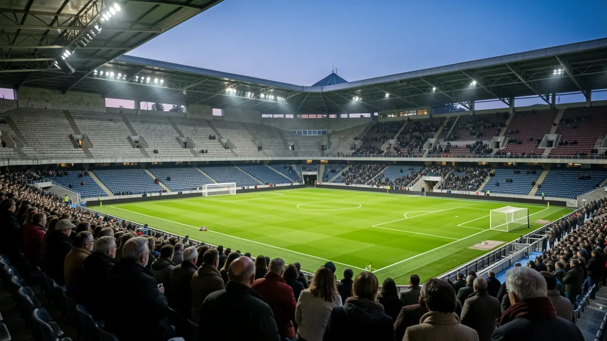 Imaxe xenérica dun estadio de fútbol galego baleiro ao anoitecer.