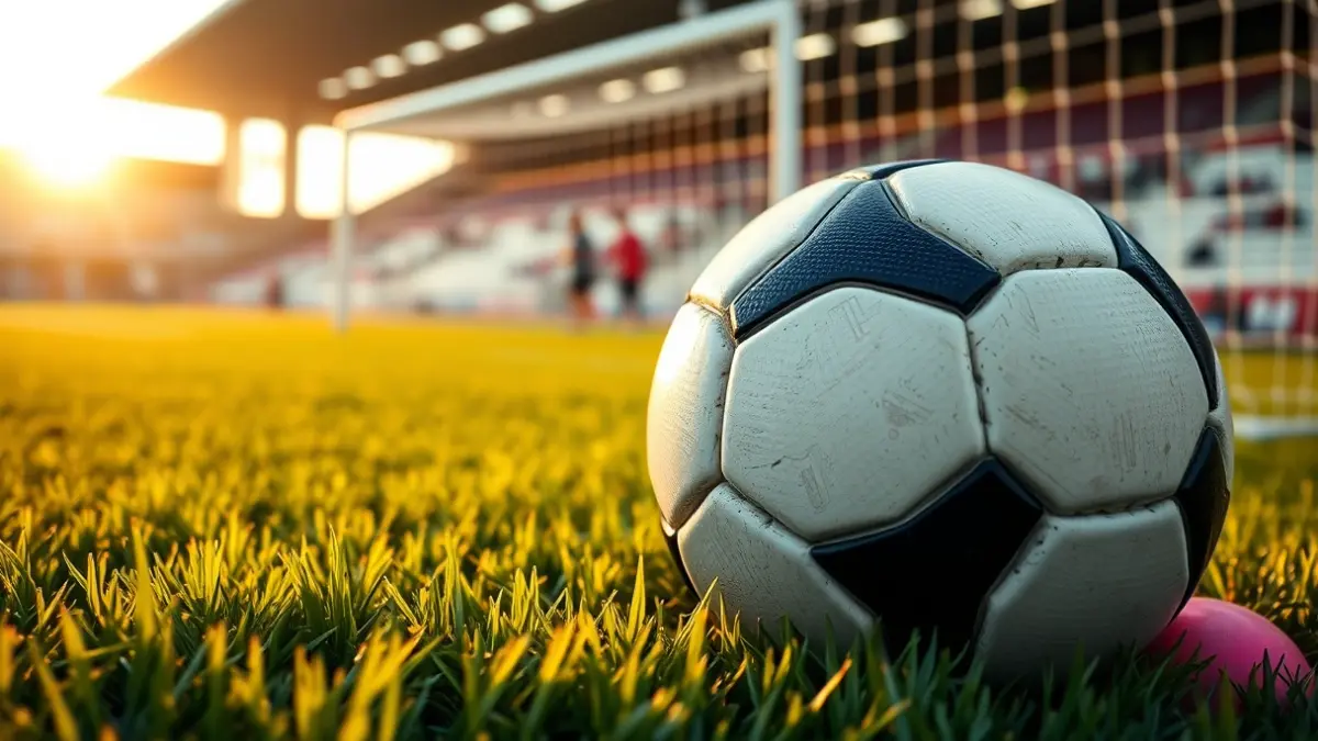 Imaxe xenérica dun balón de fútbol sobre o céspede dun campo.