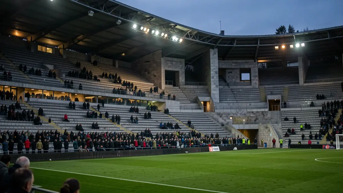 Imagen genérica de un estadio de fútbol en Galicia al anochecer.
