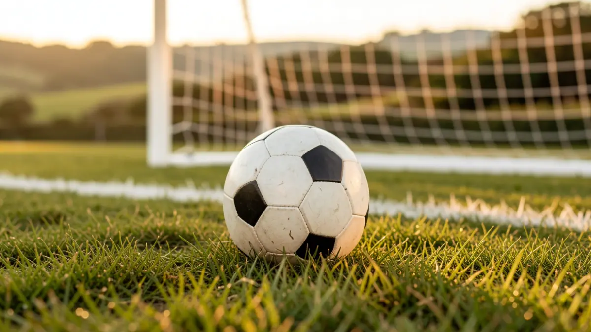 Imagen genérica de un balón de fútbol sobre césped con una red borrosa al fondo.