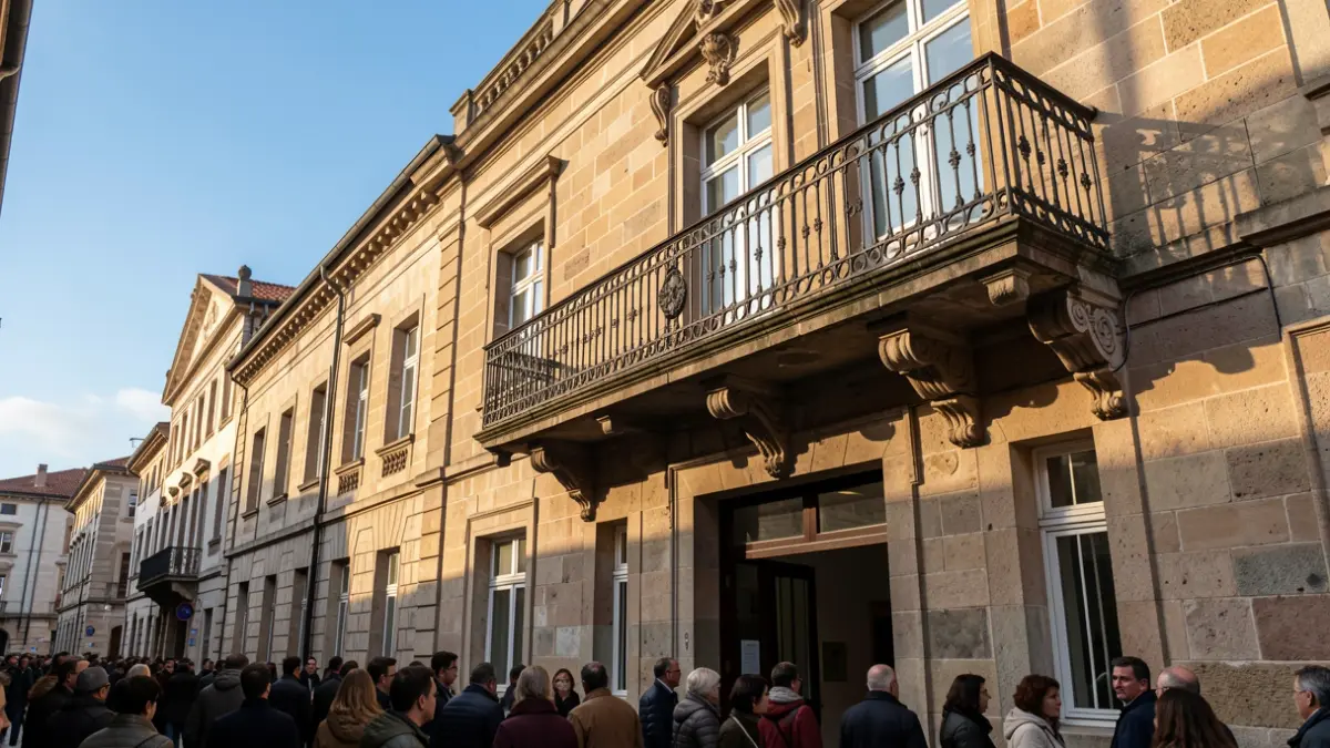 Imaxe xenérica dun edificio institucional de pedra con balcón e raís de ferro, luz solar cálida da tarde.