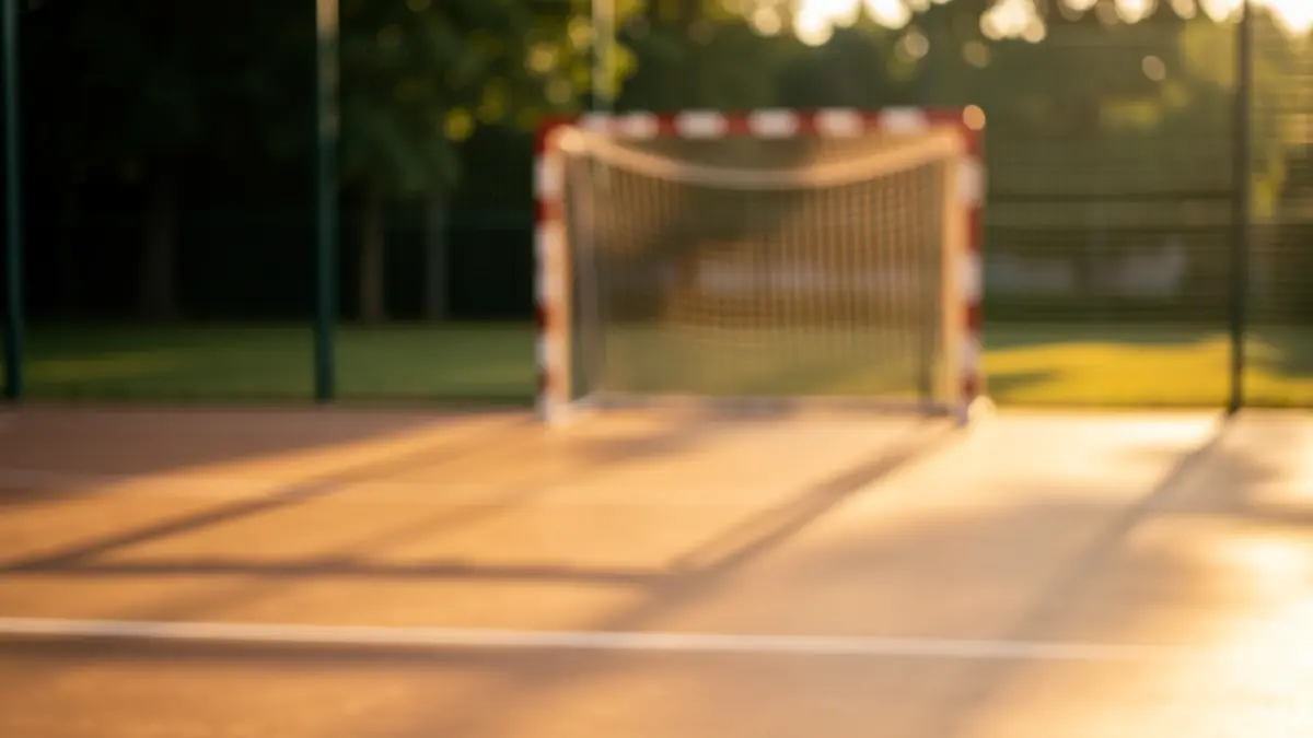 Imagen genérica de una cancha de balonmano con la red de portería desenfocada.