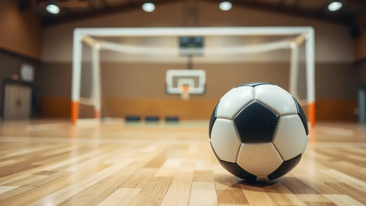 Imaxe xenérica dun balón de fútbol sala nunha pista de madeira.