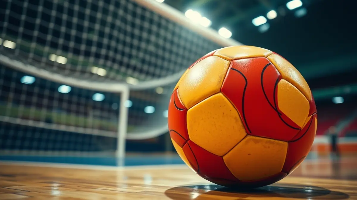 Imaxe xenérica dun balón de fútbol sala nunha cancha de madeira.