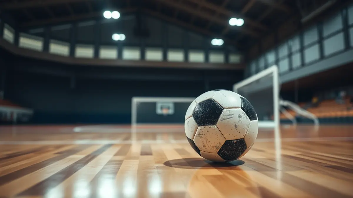 Imagen genérica de un balón de fútbol sala en una cancha, con la portería al fondo.