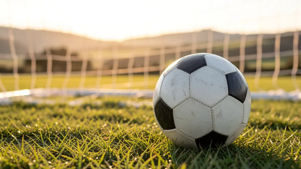 Imaxe xenérica dun balón de fútbol sobre herba cunha rede de meta desenfocada ao fondo.