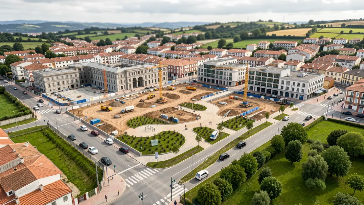 Imagen aérea de las obras de regeneración urbana en Torneiros, Porriño, Galicia.