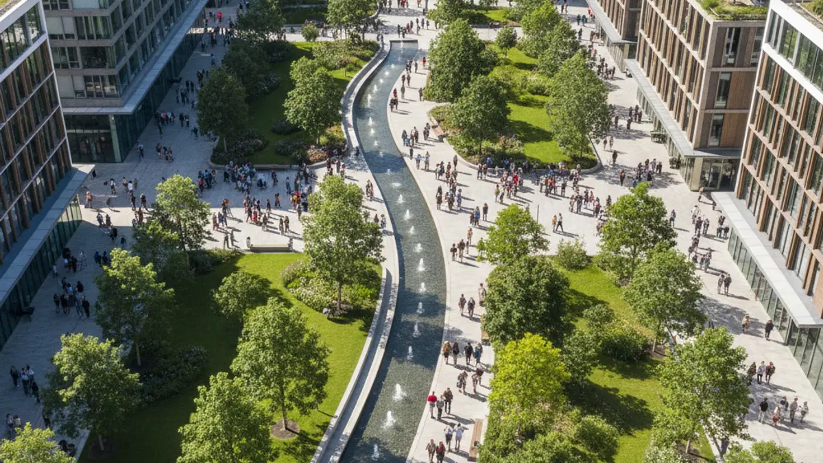 Imaxe dunha praza urbana moderna con zonas verdes e pasarelas.